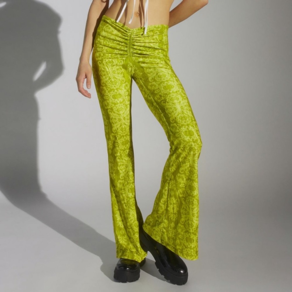 NWT UO Lime Velvet Flare Stretchy Pants Neon Printed Ornate Bohemian